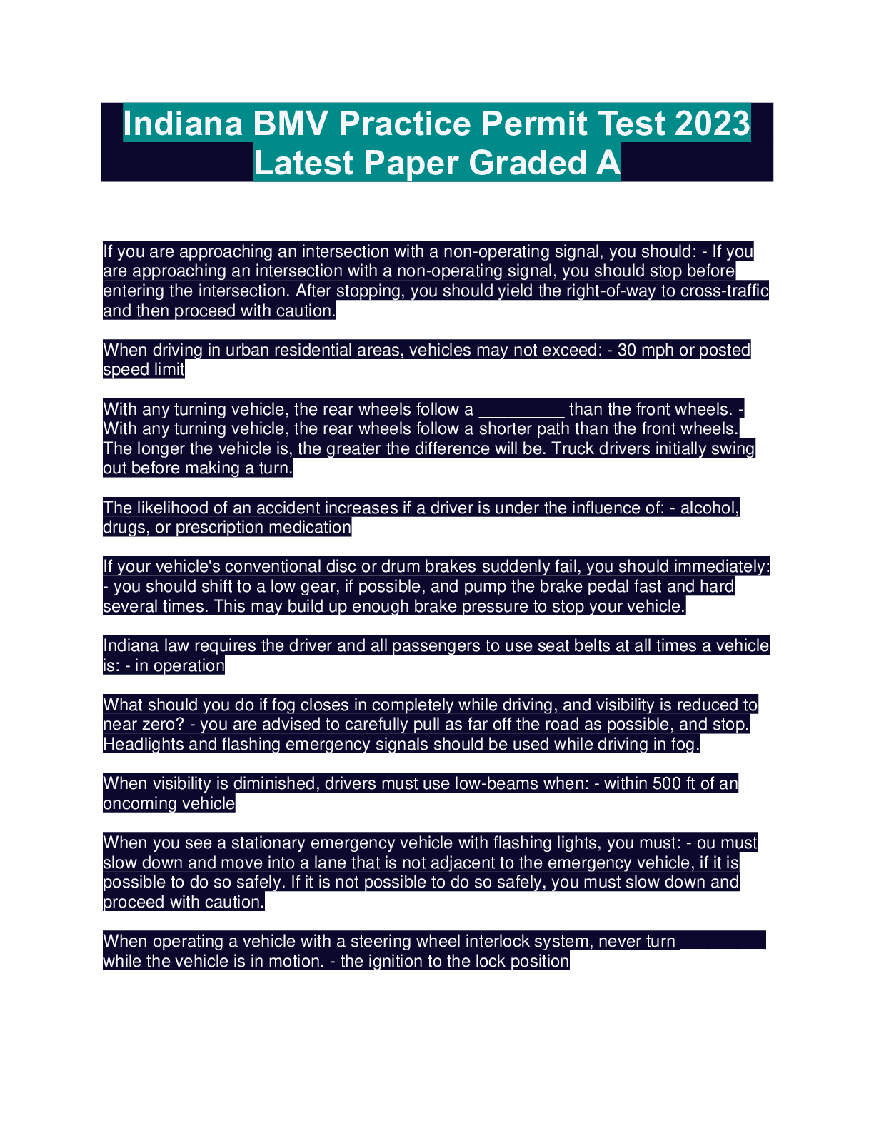 Preview image for Indiana BMV Practice Permit Test 2023 Latest Paper Graded A